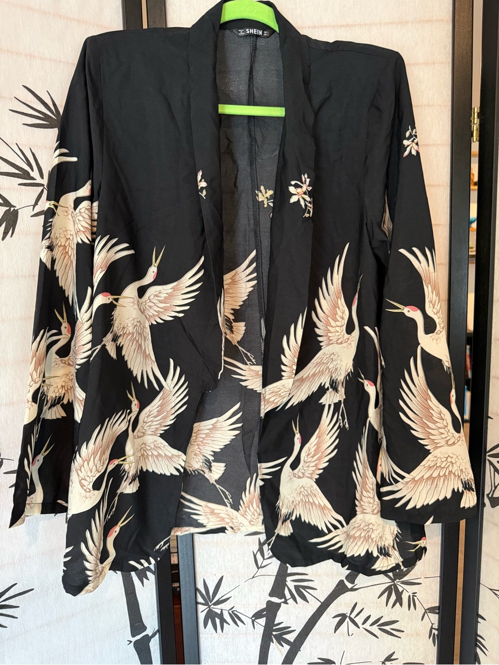 🪶SHEIN Black Crane Print Open Front Blazer🪶